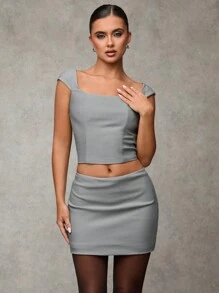 SHEIN BAE Old Money Style Grey Two-Piece Set, Office Siren Style, Business Women Clothes, Matching Outfits - Grey - View 2