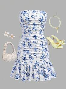 Teenage Girls' Fresh Ditsy Floral Strapless Mermaid Dress - Multicolor - View 2