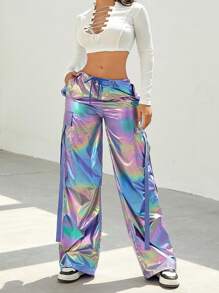 女士炫彩抽绳腰带翻盖口袋缎面细节阔腿降落伞工装裤