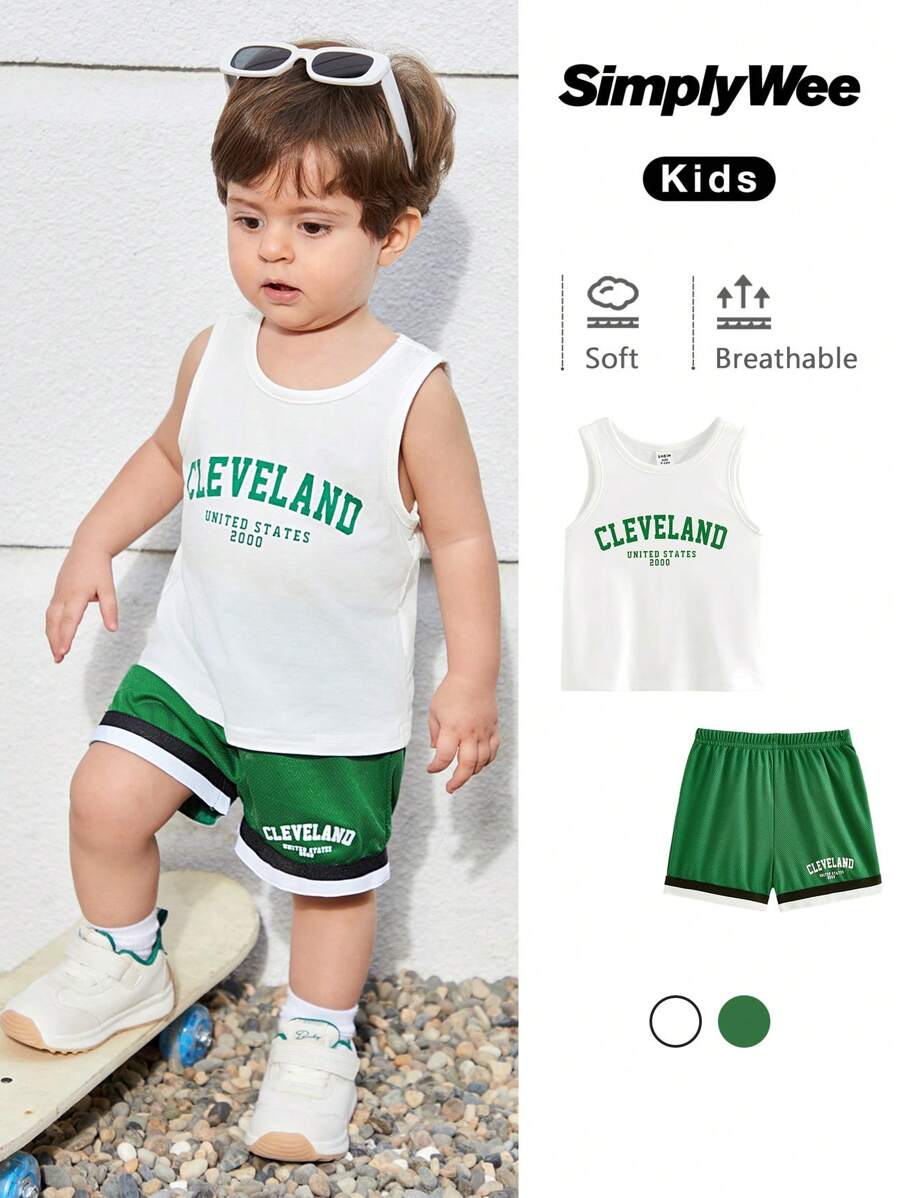 SHEIN Conjunto de camiseta sin mangas con estampado de letra y shorts con bloqueo de color estilo deportivo informal para bebé niño - Multicolor - Ver 1