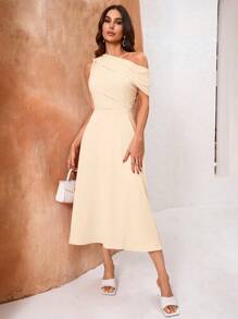 Aveloria Asymmetrical Neck Sleeveless Side Gathered Long Dress - Khaki - View 6