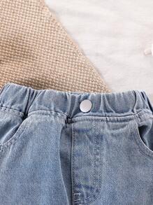 SHEIN Junge Frau Wasserblaue ausgewaschene Hose mit Stickerei, Lässig