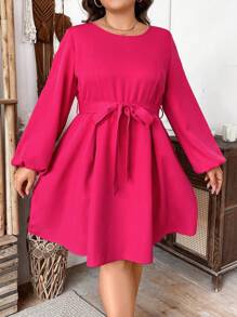 SHEIN Clasi Elegant Short Plus Size Women's Solid Color Round Neck Lantern Sleeve Dress With Pockets, Spring/Summer - Hot Pink - View 5