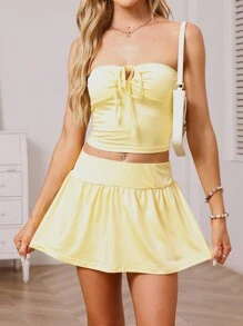 INAWLY Women Summer Solid Color Strapless Crop Top And Skirt Casual 2-Piece Set - Mustard Yellow - View 4