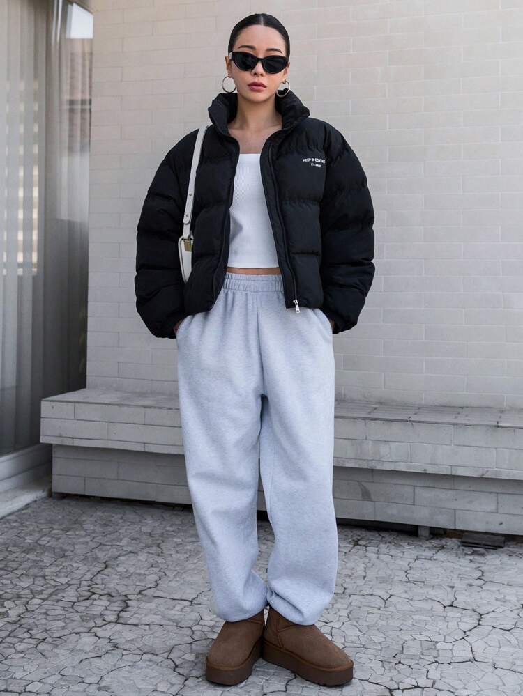 Women Short Padded Coat With Letter Print, Winter Women Clothes, Padded Coat Women Jacket