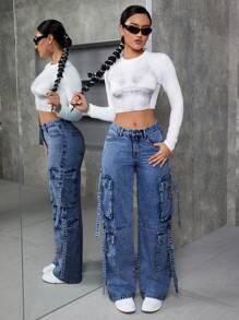 SHEIN ICON Women's Washed Workwear Straight Leg Jeans - Dark Wash - View 6