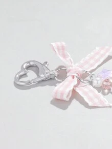 ROMWE Kawaii 1pc Sweet And Lovely Schoolgirl-Style Pink Plaid Woven Ribbon Bow Crystal Star Heart Pearl  Pendant Keychain Bag Charm, Suitable For Women And Students' Daily Decoration And Festival Gifts