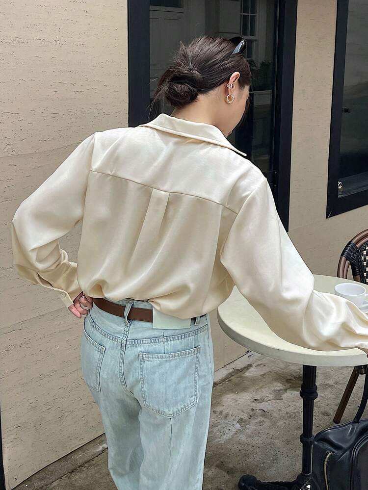 Solid Color Oblique Placket Long Sleeve Lady Shirt With Fitted Pocket