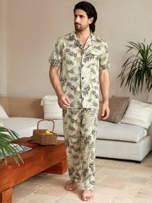 Men's Simple Print Short Sleeve And Long Pants Home Clothing Set - Khaki - View 5