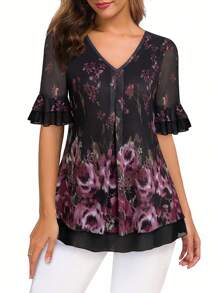 CheersLife Women's Short Sleeve Tunic Tops Casual Loose Fit Floral Blouses Mesh Pleated Layered Shirt - Black - View 4