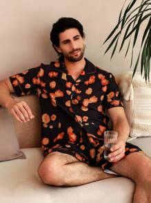 Manfinity ChillVibe Men's Floral Print Button-Front Short Sleeve Top And Shorts Homewear Set - Multicolor - View 9