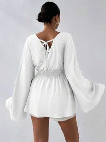 LUNE VCAY Women's V Neck Back Tie Gathering Waist Detailed Special Summer Fabric Blouse - White - View 2