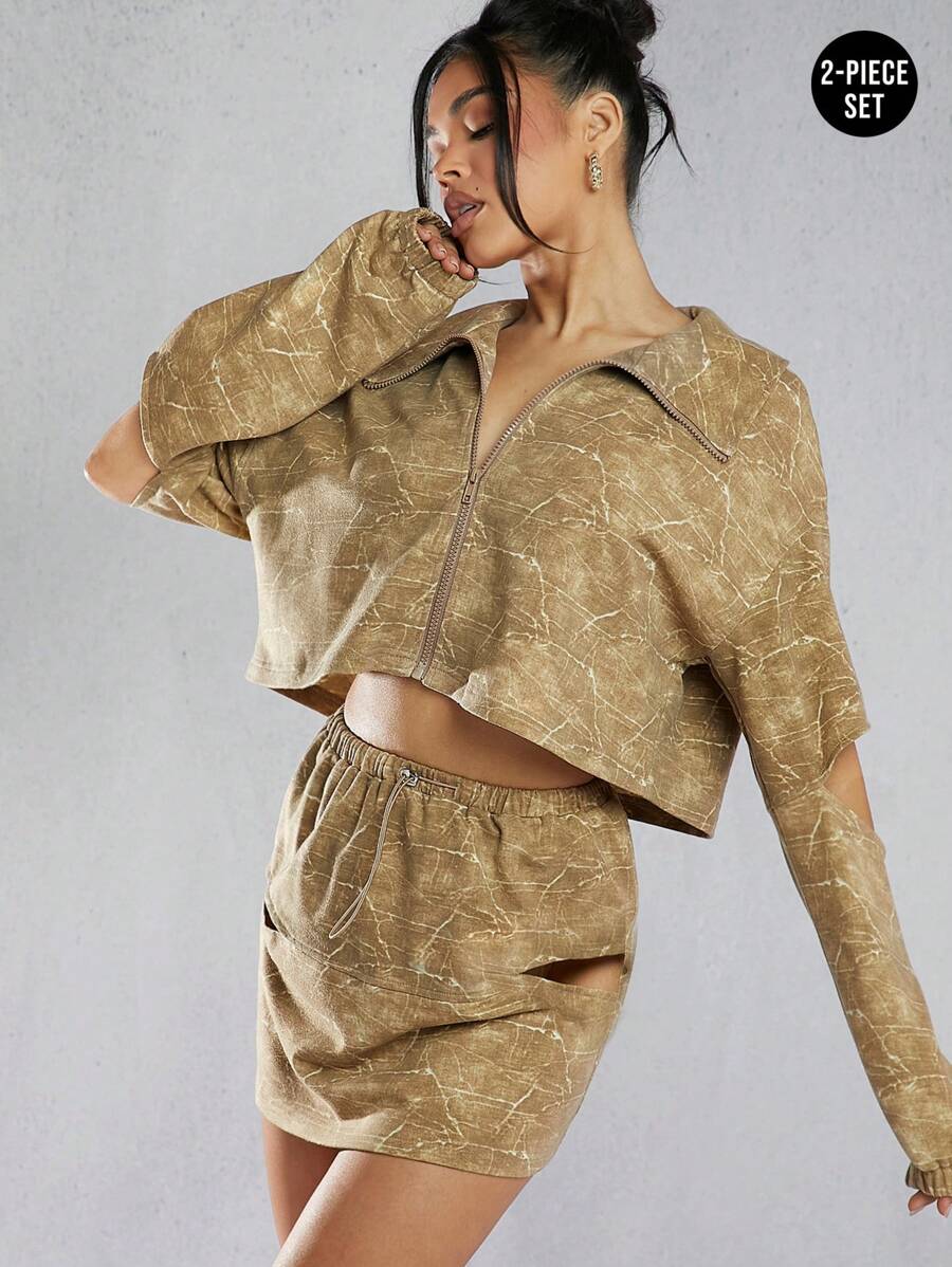 SHEIN Unity 女款鏤空長袖前拉鍊外套與迷你裙套裝