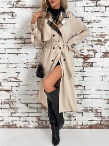 SHEIN Clasi Teacher Shirts Casual Women Dresses Business Women Clothes Long Sleeve Fall Shirt Old Money Style Back To School Clothes Plaid Collar Double-Breasted Peach Cinched Waist Women's Trench Halloween Fall Coat - Apricot - View 7