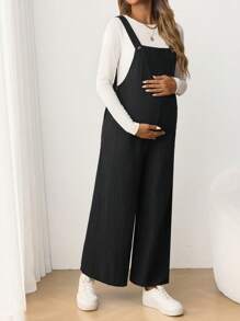 SHEIN Mono de maternidad casual con tirantes ajustables, pantalones nueve con botones laterales elásticos