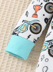 SHEIN Baby Boy Simple Allover Print Motorcycle Pattern Long Sleeve Jumpsuit Home Wear Snug Fit - Multicolor - View 3