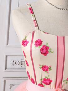 Tween Girls Rose Flower Embellished Mesh Skirt With 3D Waist Roses, 2pcs/Set - Pink - View 3