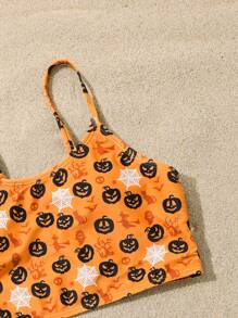 Teen Girls' Pumpkin Print Simple Style Daily Swimwear Set - Multicolor - View 3