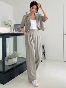 DAZY Conjunto de traje de chaqueta de manga corta con botones frontales y pantalón de vestir con bolsillos de unicolor - Gris Claro - Ver 1