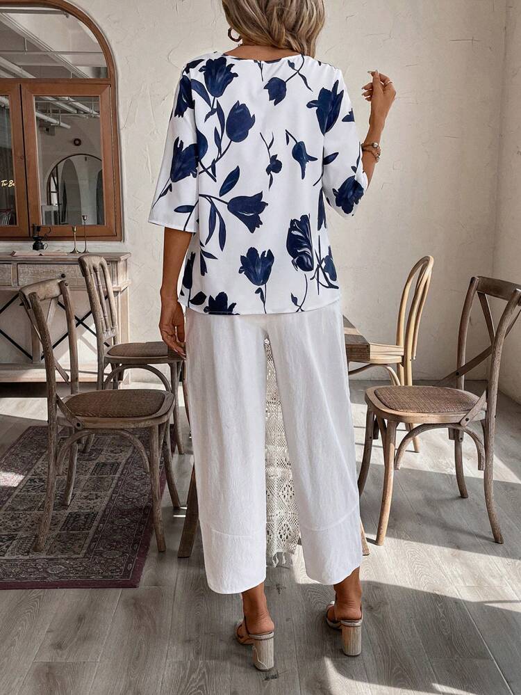 Women's Floral Printed Shirt And Seven-Quarter Pants Set