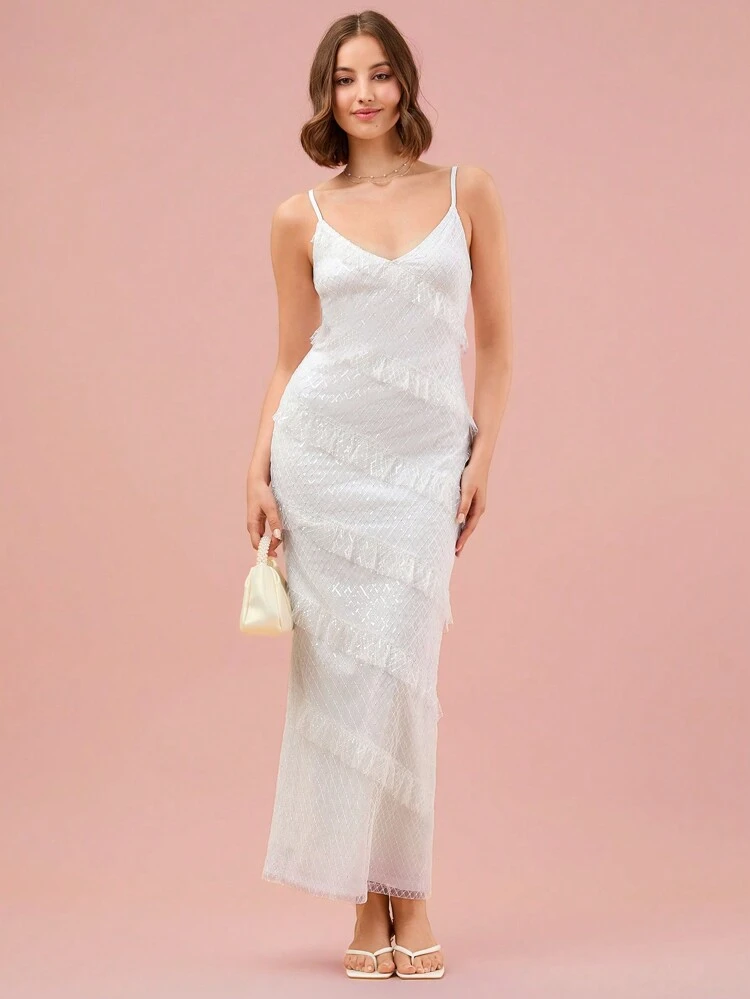 Women Solid Color Elegant Ruffle Spaghetti Strap Dress, Semi Formal Wedding Guest Dress