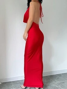 女士纯色褶饰露背无袖性感夏季连衣裙