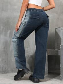 Flap Pocket Drawstring Waist Cargo Jeans For Dailywear - Dark Wash - View 2