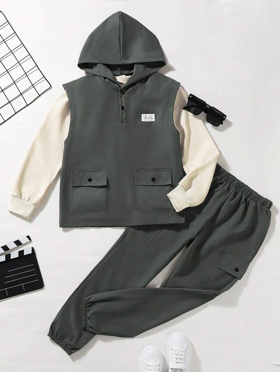 SHEIN 中大童男孩連帽衛衣，多口袋設計，無袖外套和裝備褲，韓國風格，3件套裝秋冬款 - 彩色 - 查看 1