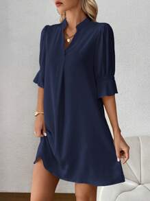 SHEIN Clasi Ladies' Plain & Simple Daily Short Sleeve Dress - Navy Blue - View 3