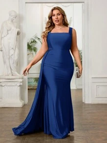 SHEIN Belle Two-Wearing Elegant Fish Tail Plus Size Evening Dress With High Side Slit (Heavy Work Edition) Formal Wedding Guest Gown, For Graduation, Dinner - Royal Blue - View 3