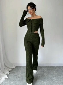 SHEIN Unity Conjunto de dos piezas para mujer con blusa y pantalones largos de punto con cuello descubierto y unicolor para uso diario. - Caqui - Ver 4