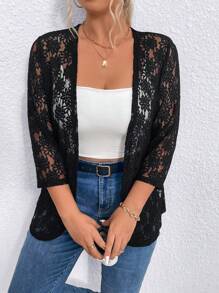 Elenzga Plus Size Women's Hollow Out Simple Daily Jacket Fall Winter Cloth For Women - Black - View 5