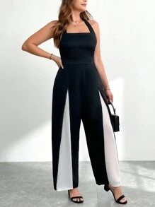 SHEIN Privé Plus Size Women's Halter Neck Long Jumpsuit Color Block Jumpsuit, Fall Back To School - Black - View 3