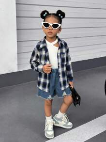 SHEIN Camisa Xadrez de Manga Longa para Meninas na Primavera/Verão, Conjunto Solto Casual com Regata Vazada e Shorts