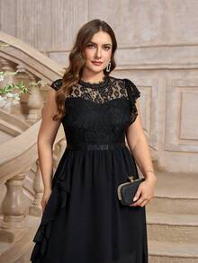 Plus Size Mother Of The Bride Dress, Lace Contrast Mesh A-Line Gown - Black - View 3