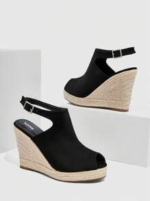 Styleloop 女士极简主义露跟露趾坡跟鞋，度假仿麂皮黑色坡跟鞋，夏季度假鞋夏季促销，波西米亚风复古乡村风法式鞋，圣诞秋季新年假期 - 黑色 - 查看 4