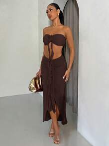 SHEIN BAE Summer Vacation Style Strapless Slit Dress And Top Set For Women's Date