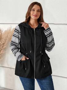 EMERY ROSE Plus Geo Print 抽绳腰部连帽风衣秋季外套 - 黑色 - 查看 5
