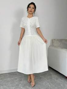 SHEIN Clasi Knitted & Satin Patchwork Dress - Beige - View 3