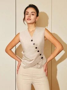 Amyenjoylife Solid Color V-Neck Button Elegant Sleeveless Vest, Summer - Khaki - View 1