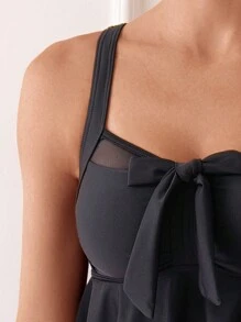 Swim Lushoire Sweetheart Collar Shoulder Strap Bow Decoration Ruffle Hem Top And Shorts Set Summer - Black - View 3