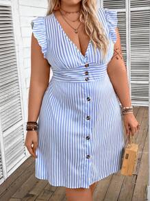 SHEIN CURVE+ Vestido con rayas de talla grande y cuello en V con dobladillo de volantes y detalles de botones, para vestimenta elegante de trabajo - Azul y blanco - Ver 7