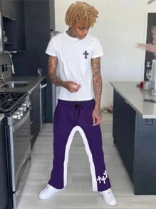 Manfinity Homme 男士夏季十字印花圆领短袖 T 恤和抽绳腰长裤休闲装，男友礼物 - 白色 - 查看 8