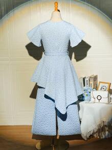 Teen Girl Jacquard Ruffle Sleeve Asymmetrical Hem Blouse & Wide Leg Pants With Belt - Baby Blue - View 2