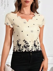 SHEIN Clasi Áo sơ mi tay ngắn in họa tiết cổ bẻ, áo cánh công sở cho nữ, áo cánh nữ không tay cổ chữ V dáng thường màu mơ thông thường, áo cánh nữ, mùa xuân/hè, trang phục thường ngày - Màu be - Xem 6