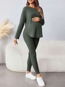 SHEIN Ensemble de T-shirt à manches longues et de pantalon ample de couleur unicolore pour femmes enceintes, décontracté/bureau avec col rond