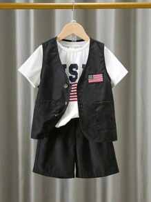 Kids Summer Outfits - 3pcs Young Boy Comfortable & Casual Style American Independence Day Flag Printed T-Shirt, Flag Patch Vest And Shorts Set
