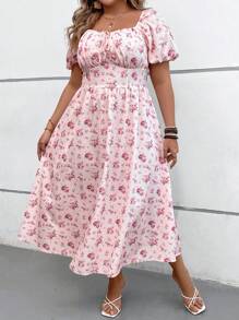 SHEIN VCAY Plus Size Fall/Winter Back-To-School Sisters Gathering Ruched Bust Romantic Print A-Line Long Dress