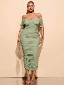 SHEIN BAE 大码女式夏季优雅弹力网眼单肩褶皱中长连衣裙 - 薄荷綠 - 查看 3