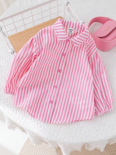 SHEIN LMoss Kids LMoss Baby Girl's Fashionable And Cute Striped Long Sleeve Shirt, Perfect For Vacation
